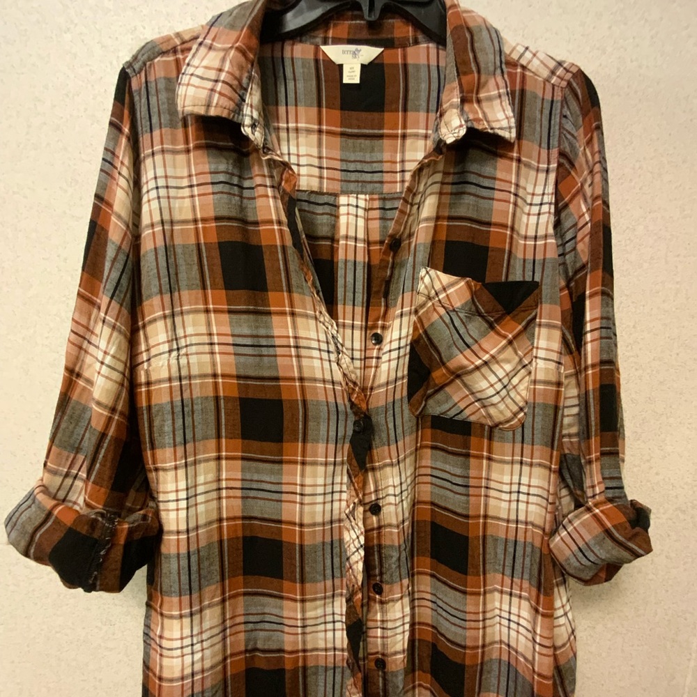 Terra & Sky orange and navy plaid button up shirt